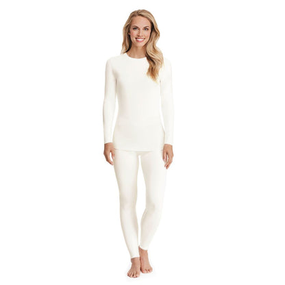Ivory; Model is wearing size S. She is 5’9”, Bust 32”, Waist 25.5”, Hips 36”. @A lady wearing a ivory long sleeve stretch crew.