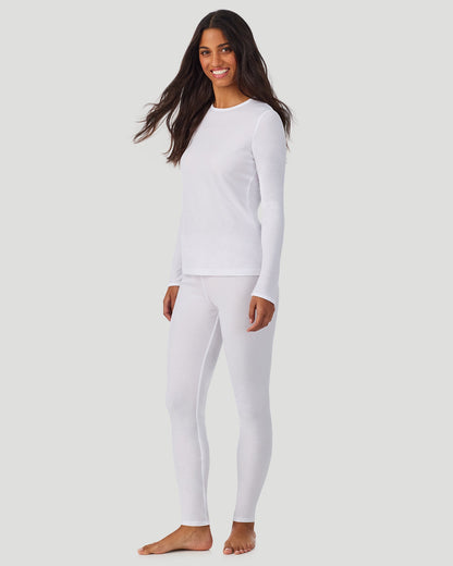 A lady wearing Softwear Long Sleeve Crew in White side view side view