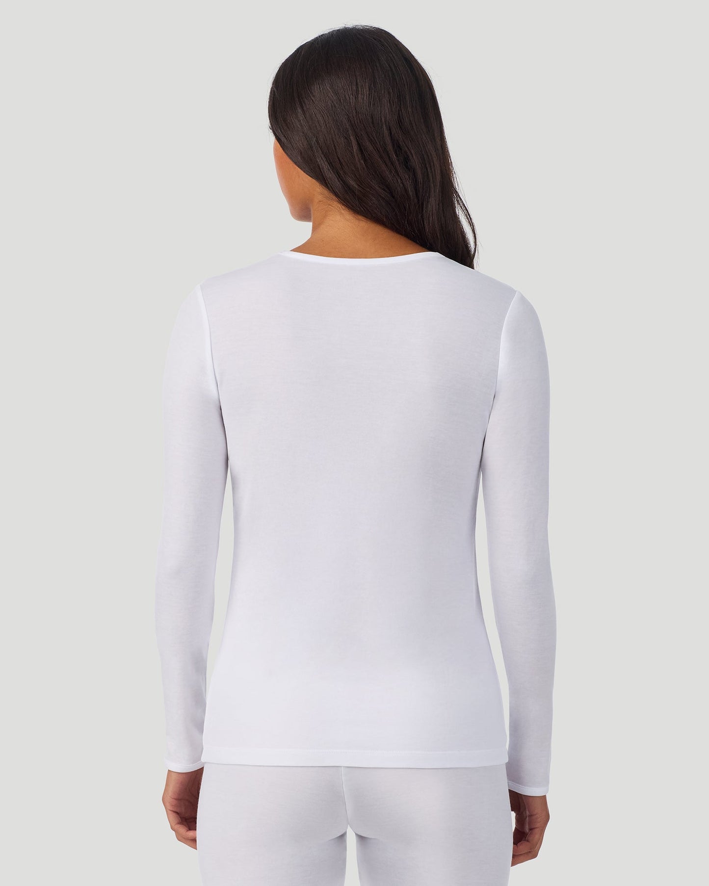 White;@A lady wearing Softwear Long Sleeve Crew in White back view back view