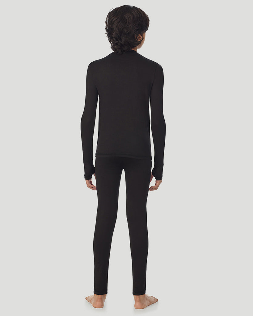 Back view of A child wearing black long sleeve t-shirt and pant set