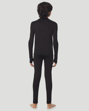Back view of A child wearing black long sleeve t-shirt and pant set