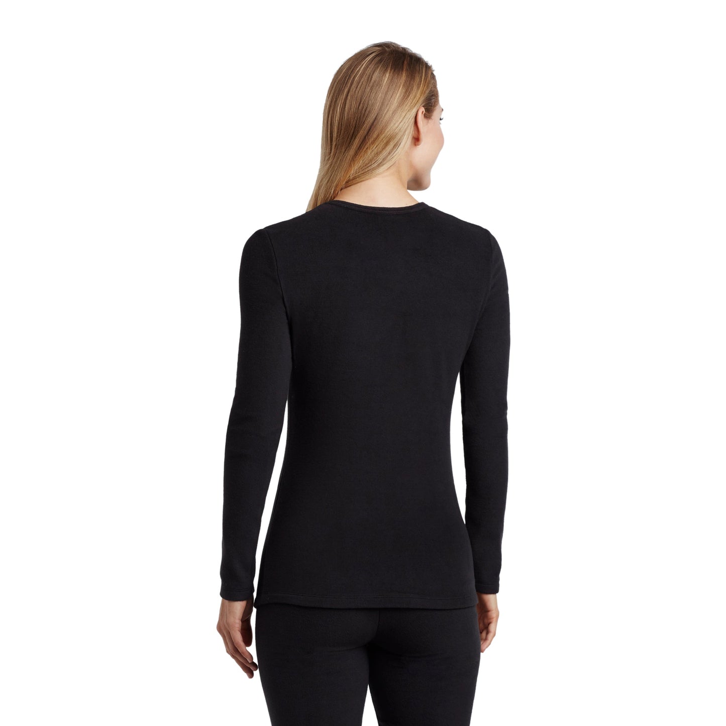 Black; Model is wearing size S. She is 5’9”, Bust 32”, Waist 25.5”, Hips 36”.@Upper body of a lady wearing black long sleeve crew