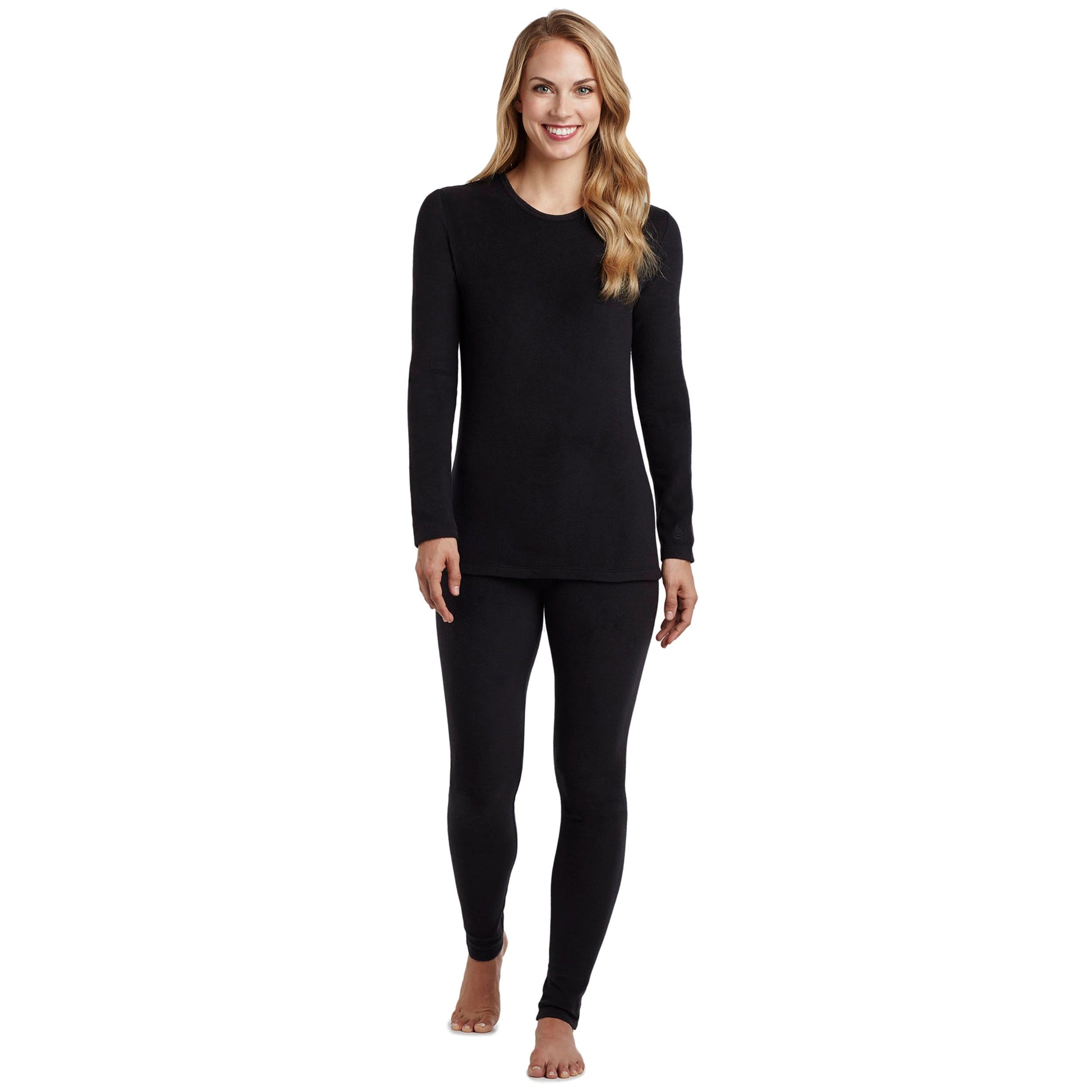 Upper body of a lady wearing black long sleeve crew