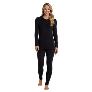 upper body of A lady wearing black Long Sleeve Crew !59% Polyester, 35% Recycled Polyester, 6% Spandex!