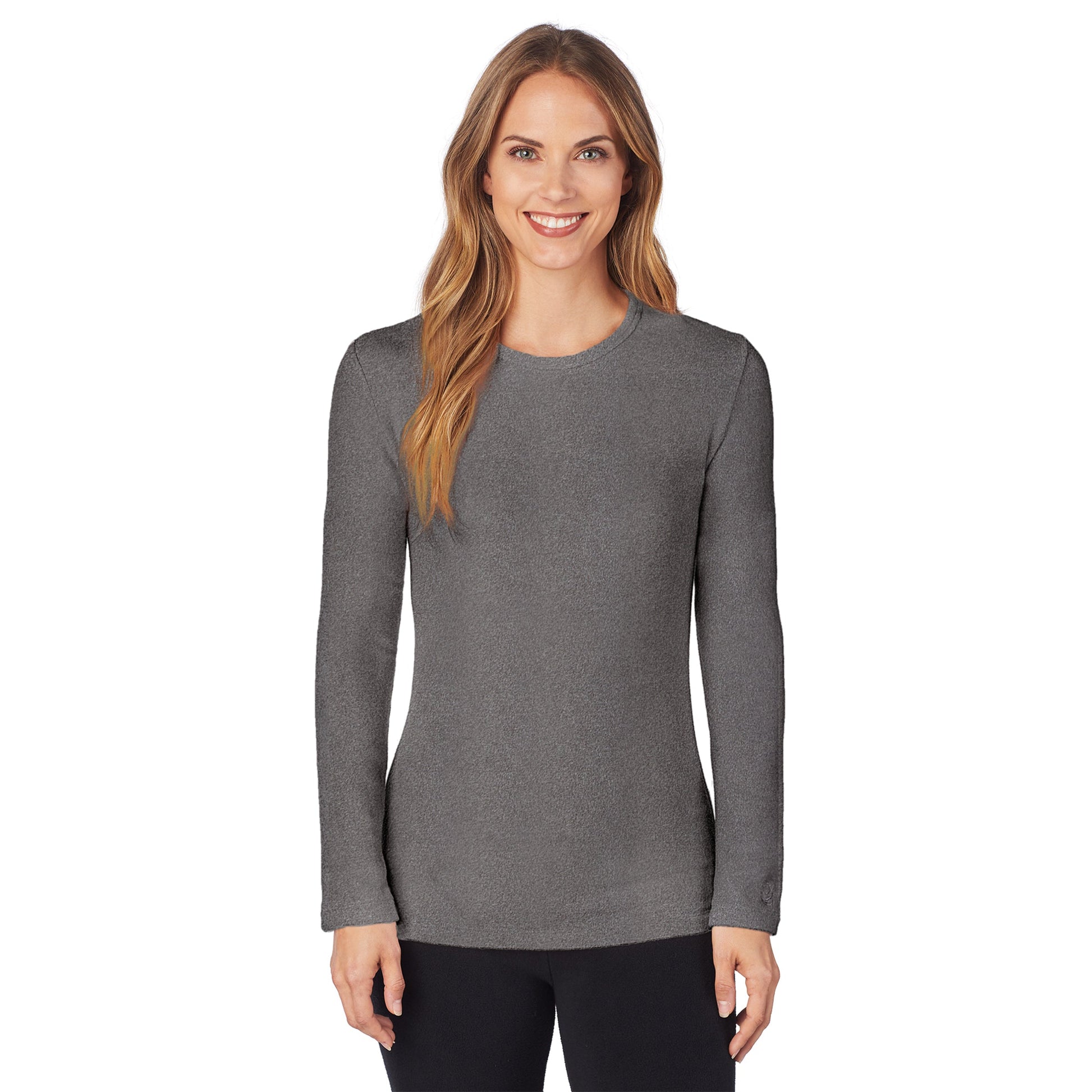 Upper body of a lady wearing grey long sleeve crew