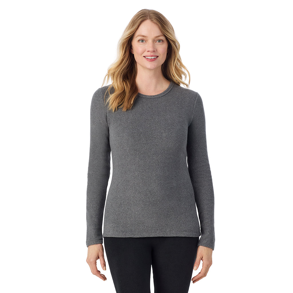 A lady wearing charcoal heather long sleeve crew