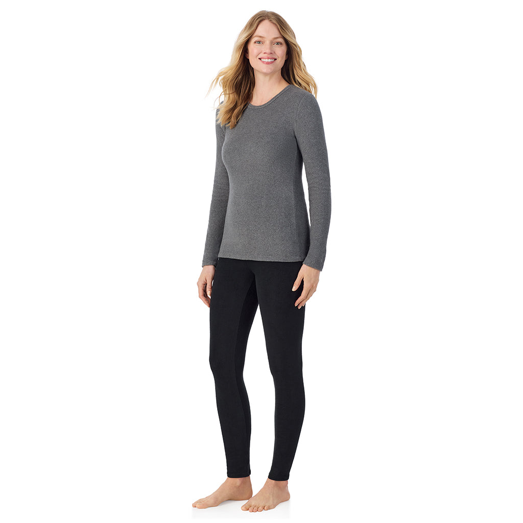 upper body of A lady wearing Charcoal Heather Long Sleeve Crew !59% Polyester, 35% Recycled Polyester, 6% Spandex!