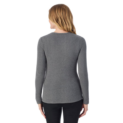 Charcoal Heather; Model is wearing size S. She is 5'11", Bust 33", Waist 24", Hips 34".@A lady wearing charcoal heather long sleeve crew