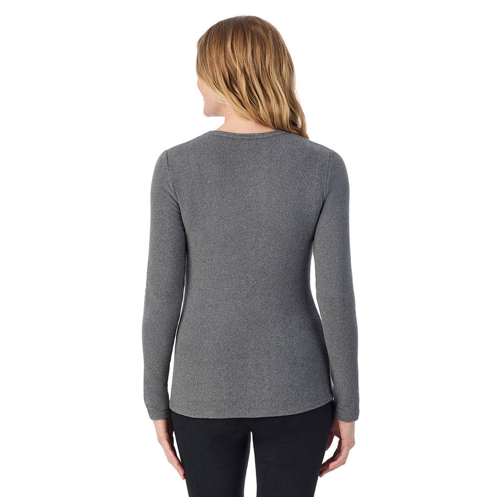 upper body of A lady wearing Charcoal Heather Long Sleeve Crew !59% Polyester, 35% Recycled Polyester, 6% Spandex