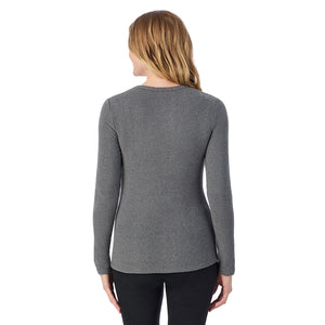 upper body of A lady wearing Charcoal Heather Long Sleeve Crew !59% Polyester, 35% Recycled Polyester, 6% Spandex