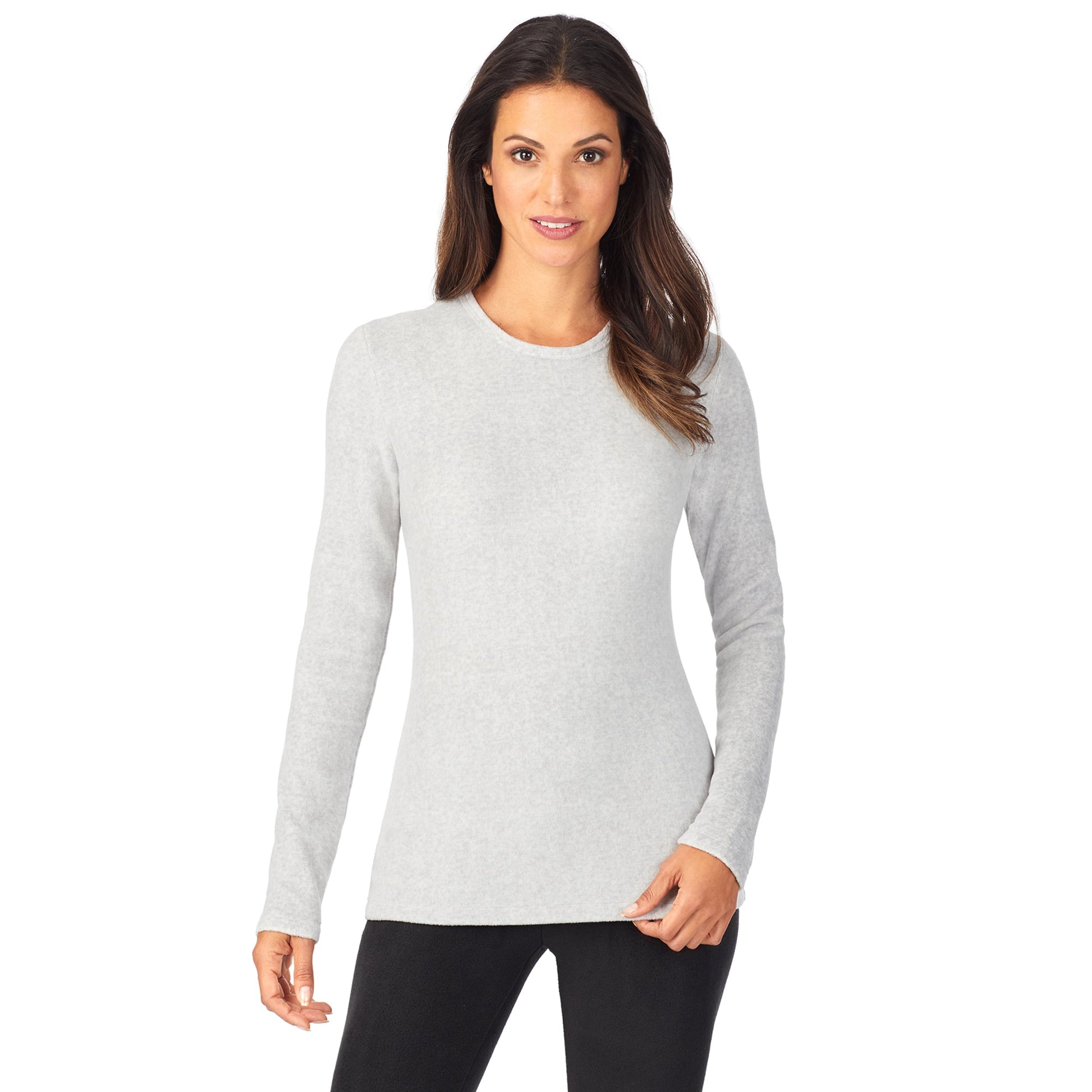 Upper body of a lady wearing light grey long sleeve crew