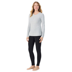 A lady wearing light grey heather long sleeve crew