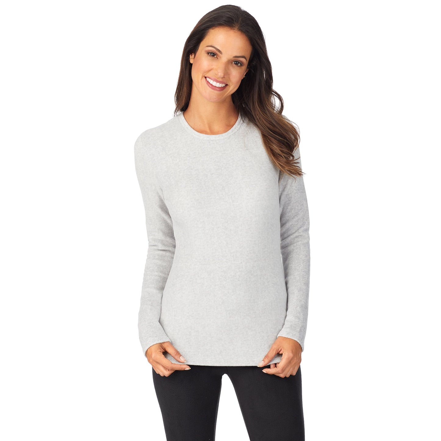 Light Grey Heather; Model is wearing size S. She is 5’9”, Bust 32”, Waist 25”, Hips 35”.@Upper body of a lady wearing light grey long sleeve crew