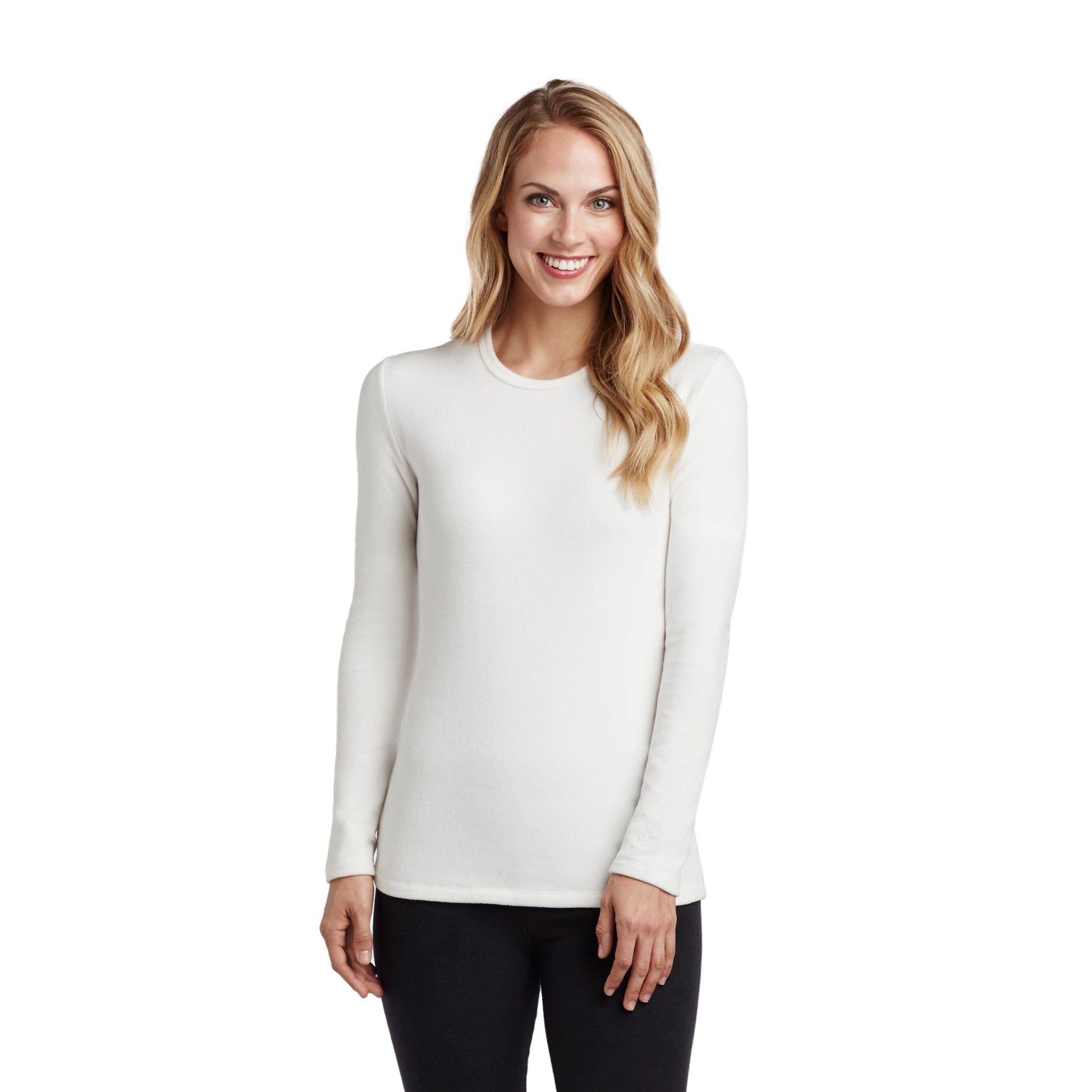 Upper body of a lady wearing white long sleeve crew