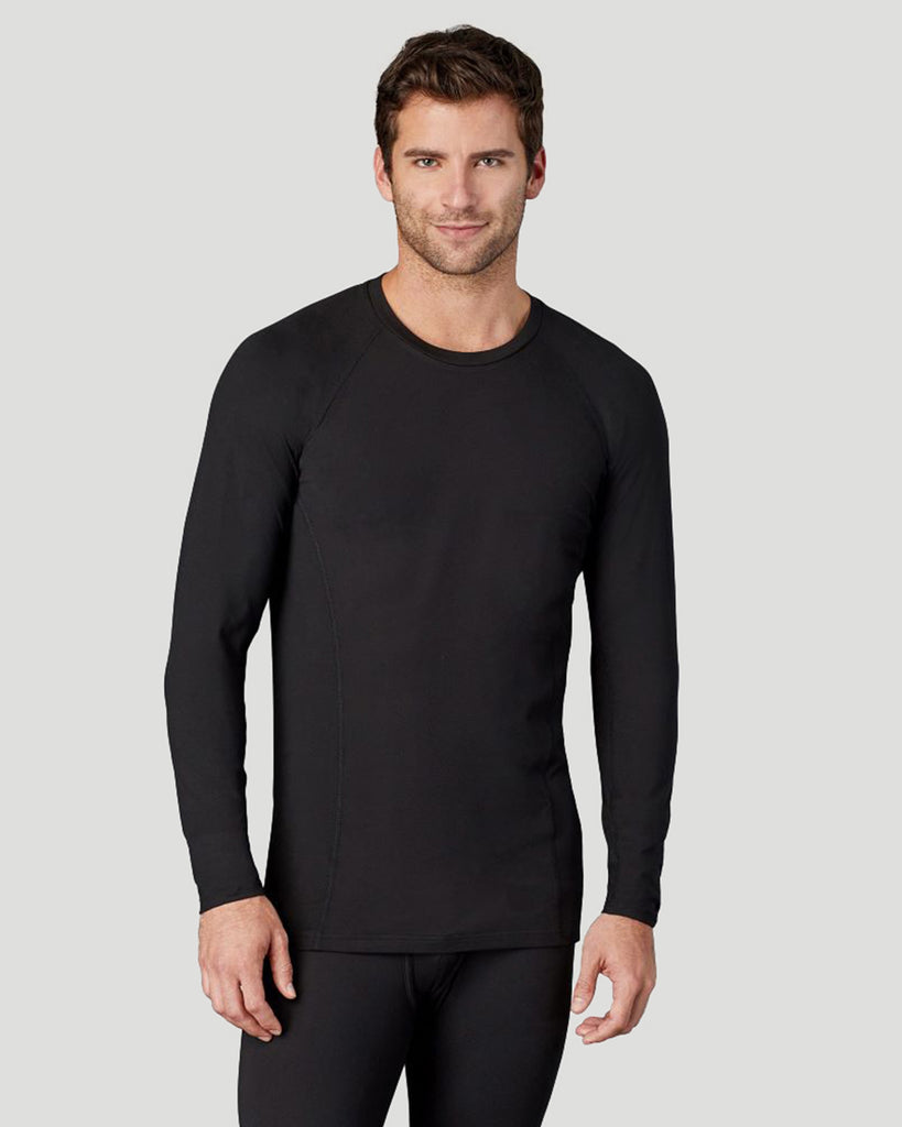 A man wearing black long sleeve crew t-shirt !88% Polyester, 12% Spandex!