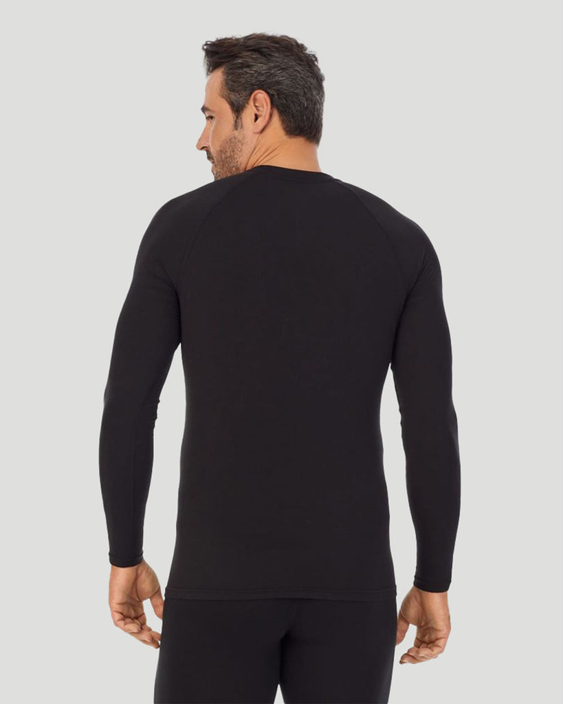 A man wearing black long sleeve crew t-shirt !88% Polyester, 12% Spandex!