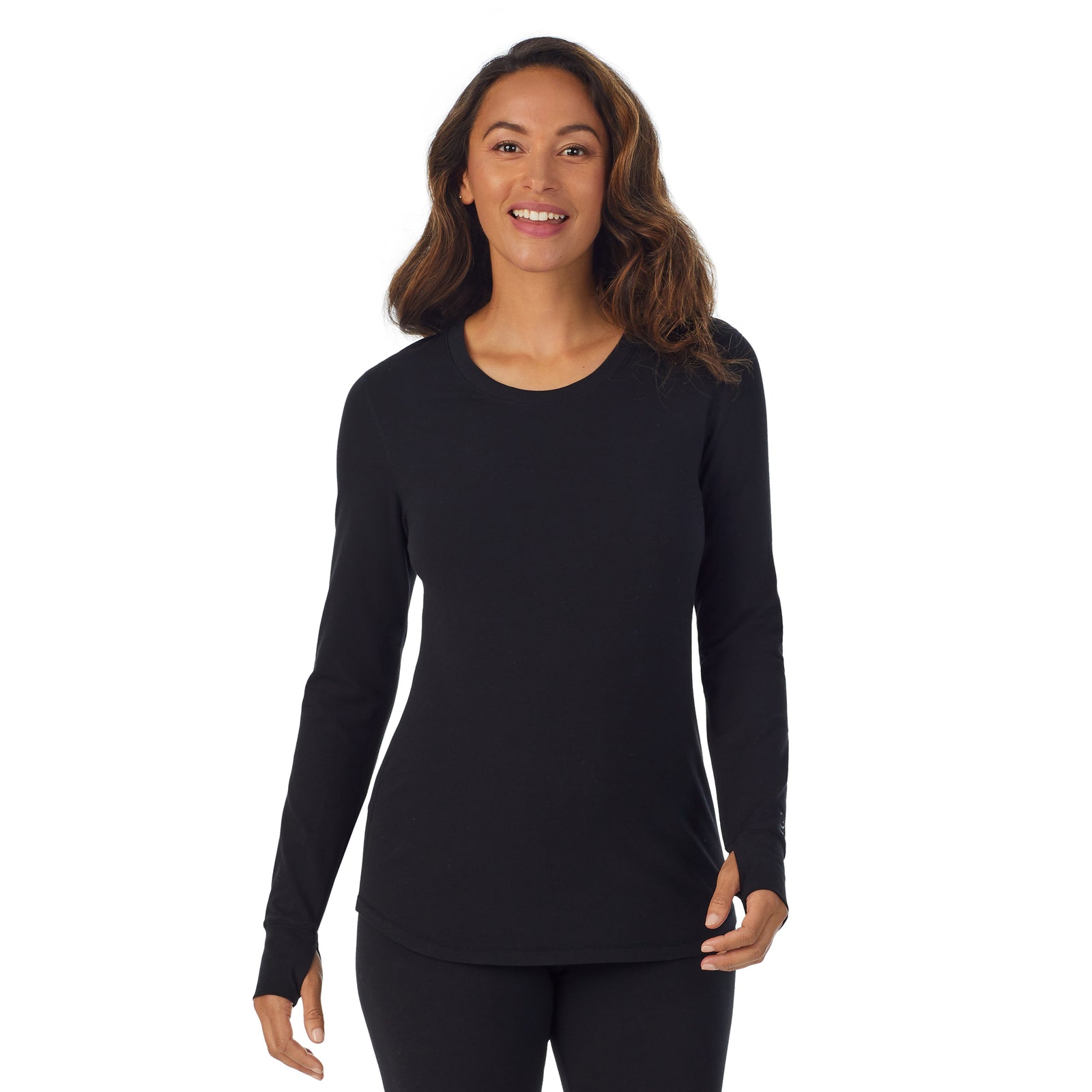 Black; Model is wearing size S. She is 5'8", Bust 34", Waist 26”, Hips 36".@A lady wearing black cottonwear long sleeve scoop neck