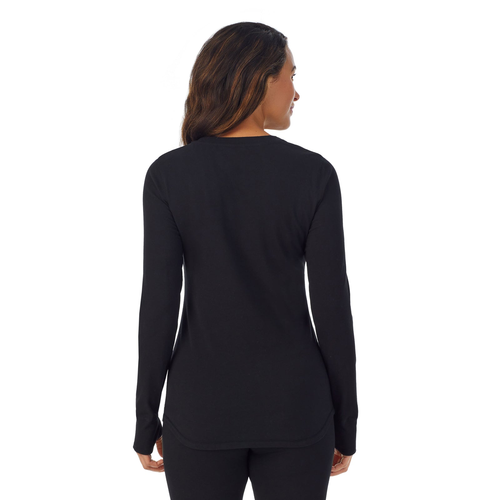 Black; Model is wearing size S. She is 5'8", Bust 34", Waist 26”, Hips 36".@A lady wearing black cottonwear long sleeve scoop neck