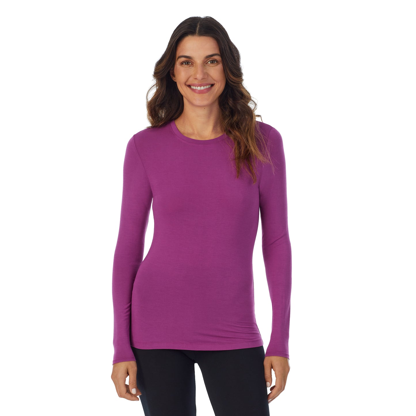 Purple Radiance; Model is wearing size S. She is 5’9”, Bust 34”, Waist 25.5”, Hips 36.5”. @A lady wearing a Purple Radiance long sleeve stretch crew.