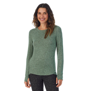 A lady wearing a marled soft olive long sleeve crew.