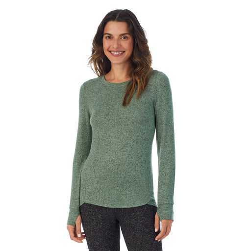 Marled Soft Olive;Model is wearing size S. She is 5’9”, Bust 34”, Waist 25.5”, Hips 36.5” @A lady wearing a marled soft olive long sleeve crew.