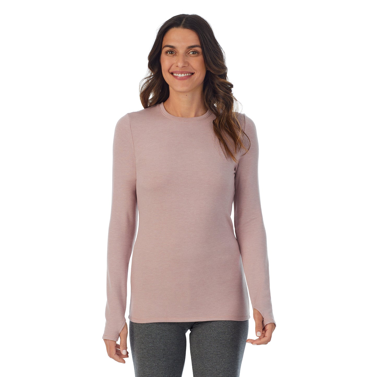 Mauve Shadow Heather; Model is wearing size S. She is 5’9”, Bust 34”, Waist 25.5”, Hips 36.5”. @A lady wearing a Mauve Shadow Heather long sleeve crew.