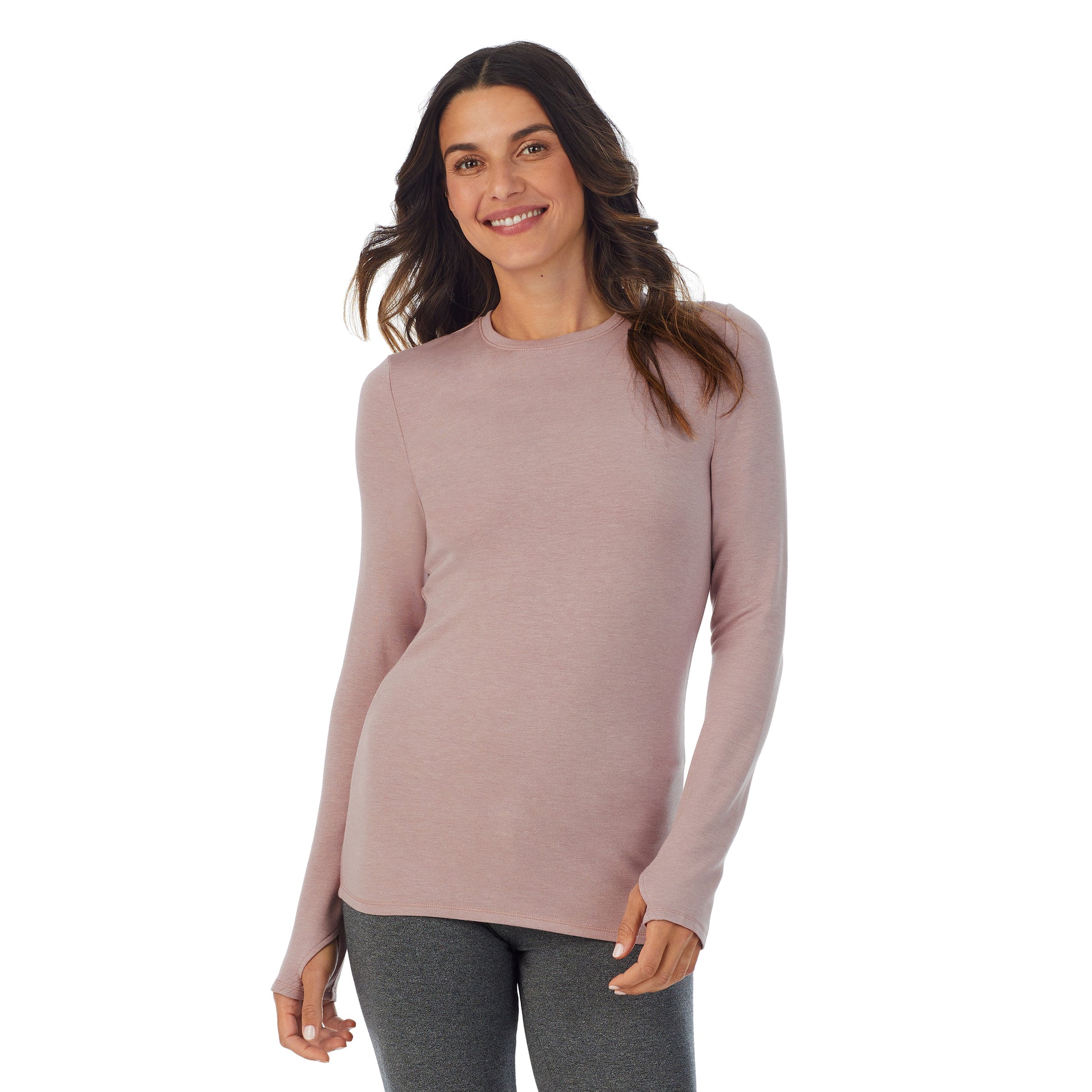Mauve Shadow Heather; Model is wearing size S. She is 5’9”, Bust 34”, Waist 25.5”, Hips 36.5”. @A lady wearing a Mauve Shadow Heather long sleeve crew.