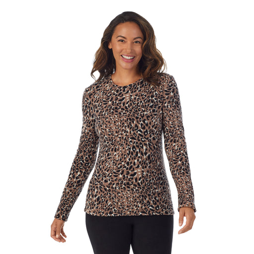 Pecan Leopard; Model is wearing size S. She is 5’8”, Bust 34”, Waist 24.5”, Hips 35”.@Upper body of a lady wearing Pecan Leopard long sleeve crew