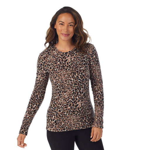 Pecan Leopard; Model is wearing size S. She is 5’8”, Bust 34”, Waist 24.5”, Hips 35”.@Upper body of a lady wearing Pecan Leopard long sleeve crew