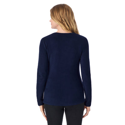 Navy Blazer; Model is wearing size S. She is 5'11", Bust 33", Waist 24", Hips 34".@A lady wearing navy blazer long sleeve crew