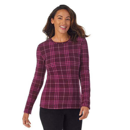 Beet Plaid; Model is wearing size S. She is 5’8”, Bust 34”, Waist 24.5”, Hips 35”.@Upper body of a lady wearing Beet Plaid long sleeve crew