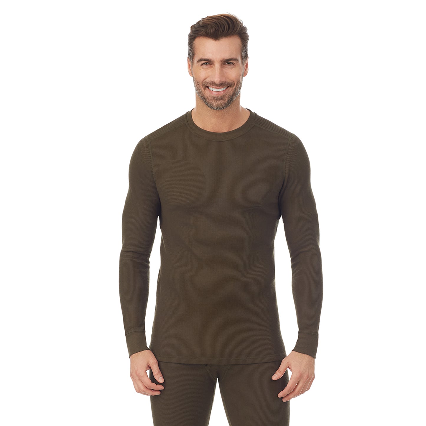 Dark Olive;Model is wearing size M. He is 6'1", Waist 32", Inseam 32". @A man wearing a Dark Olive waffle thermal long sleeve crew.