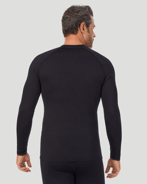 A man wearing black long sleeve crew back pose.  !88% Polyester, 12% Spandex!