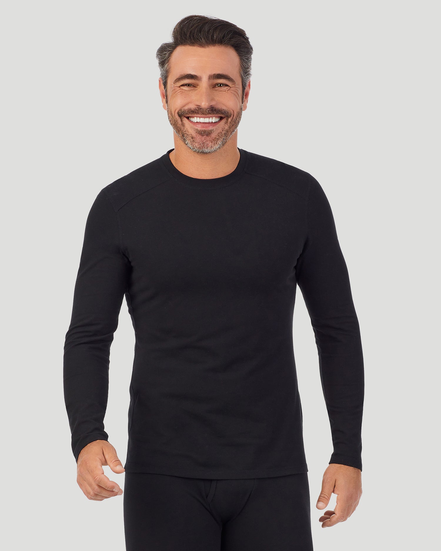 Black; Model is wearing size M. He is 6'2", Waist 32", Inseam 34". @A man wearing a black long sleeve crew