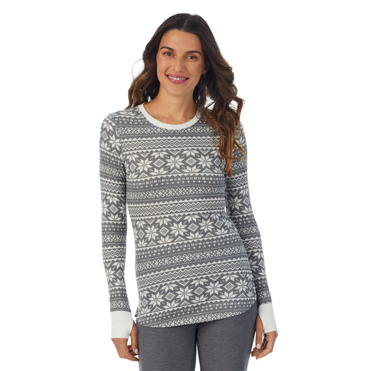 A lady wearing a Stone Grey Fairisle long sleeve crew.