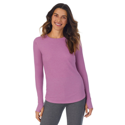  Mulberry Mist Heather; Model is wearing size S. She is 5’9”, Bust 34”, Waist 25.5”, Hips 36.5”. @A lady wearing a Mulberry Mist Heathero long sleeve crew.