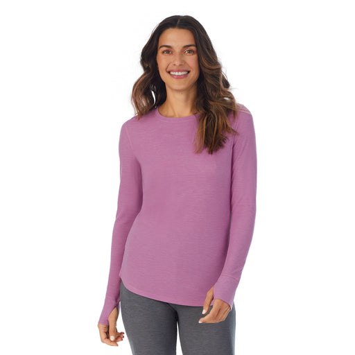  Mulberry Mist Heather; Model is wearing size S. She is 5’9”, Bust 34”, Waist 25.5”, Hips 36.5”. @A lady wearing a Mulberry Mist Heathero long sleeve crew.