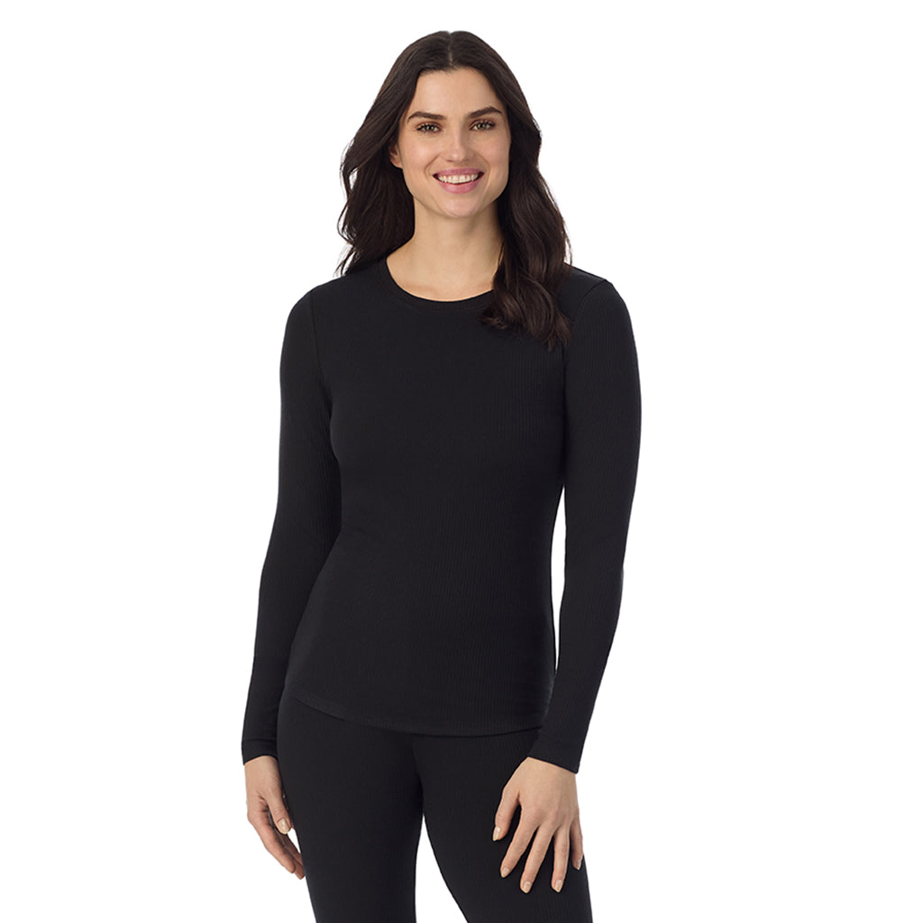 Black; Model is wearing a size S. She is 5’9”, Bust 34”, Waist 25”, Hips 36”@ A Lady is wearing a Black Stretch Rib Long Sleeve Crew