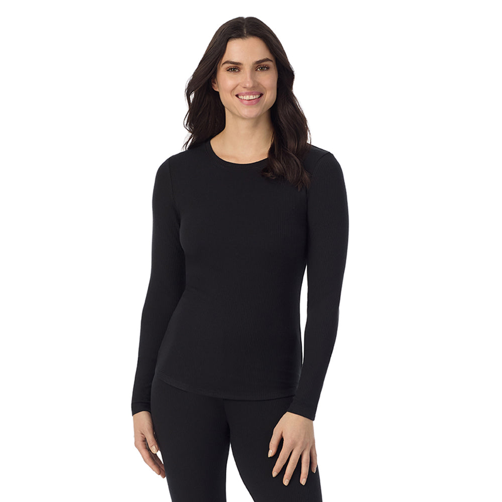A Lady is wearing a Black Stretch Rib Long Sleeve Crew