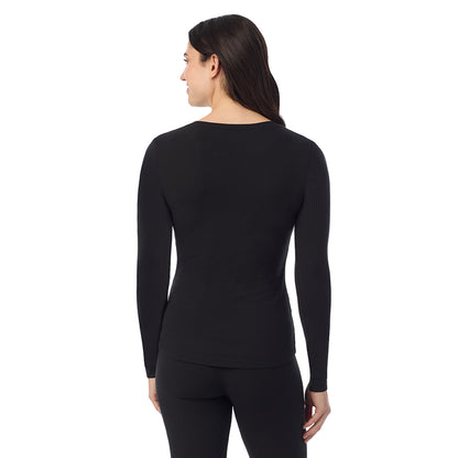 Black; Model is wearing a size S. She is 5’9”, Bust 34”, Waist 25”, Hips 36”@ A Lady is wearing a Black Stretch Rib Long Sleeve Crew