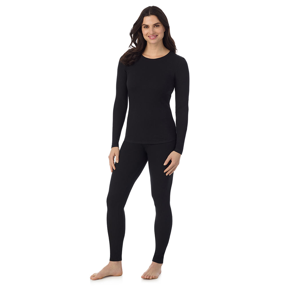 A Lady is wearing a Black Stretch Rib Long Sleeve Crew