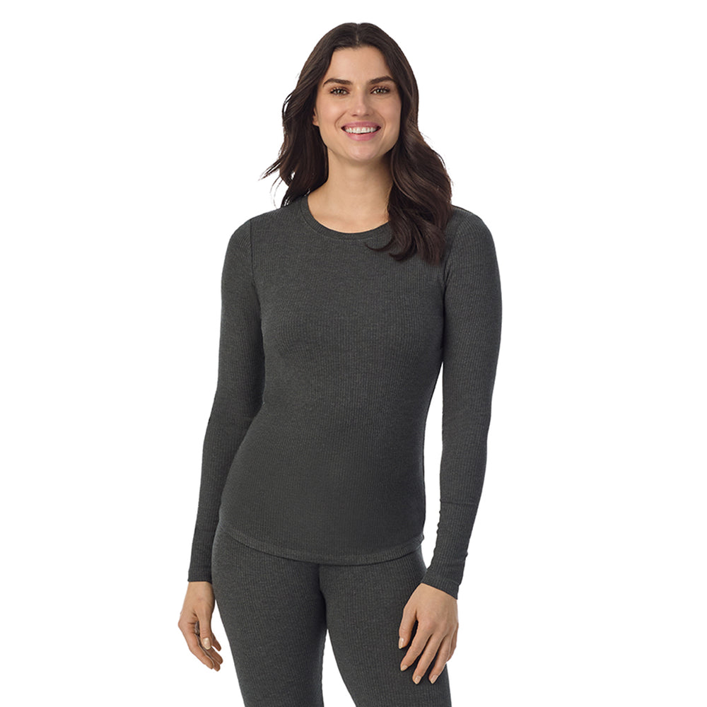 A Lady is wearing a Charcoal Heather Stretch Rib Long Sleeve Crew