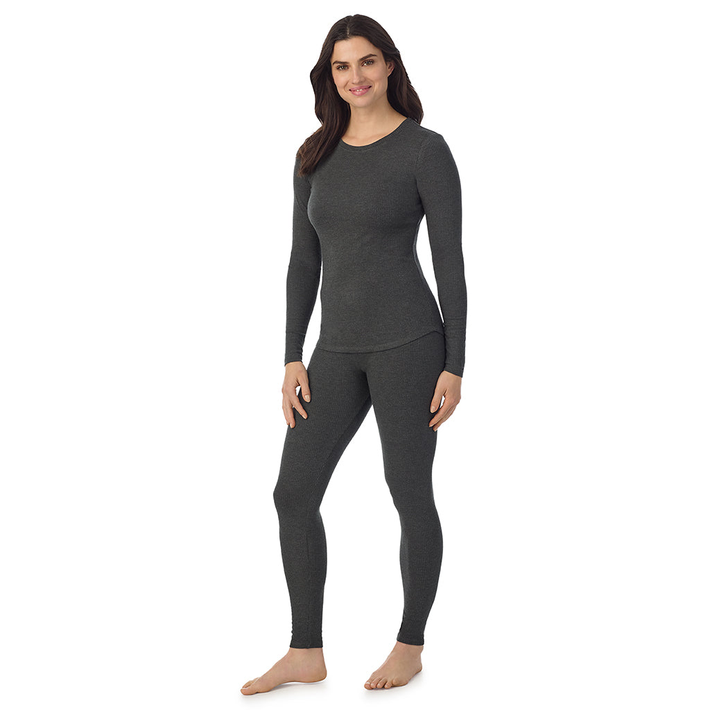 Charcoal Heather; Model is wearing a size S. She is 5’9”, Bust 34”, Waist 25”, Hips 36”@ A Lady is wearing a Charcoal Heather Stretch Rib Long Sleeve Crew