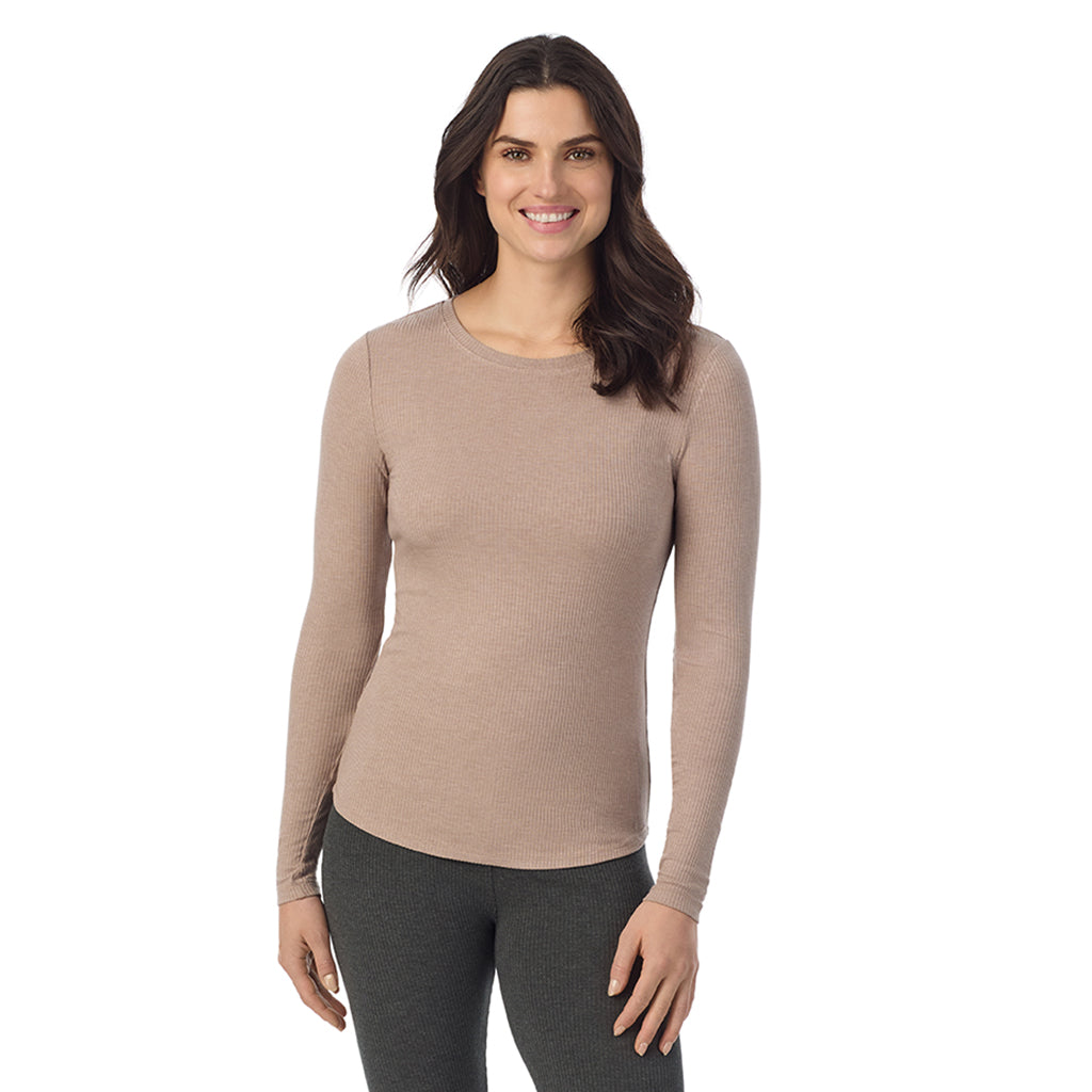 Pecan Heather; Model is wearing a size S. She is 5’9”, Bust 34”, Waist 25”, Hips 36”@ A Lady is wearing a Pecan Heather Stretch Rib Long Sleeve Crew