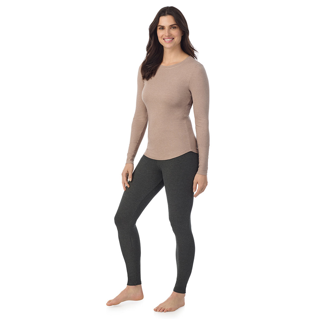 Pecan Heather; Model is wearing a size S. She is 5’9”, Bust 34”, Waist 25”, Hips 36”@ A Lady is wearing a Pecan Heather Stretch Rib Long Sleeve Crew