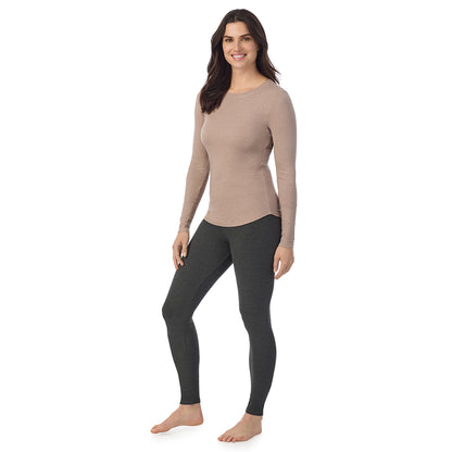 Pecan Heather; Model is wearing a size S. She is 5’9”, Bust 34”, Waist 25”, Hips 36”@ A Lady is wearing a Pecan Heather Stretch Rib Long Sleeve Crew