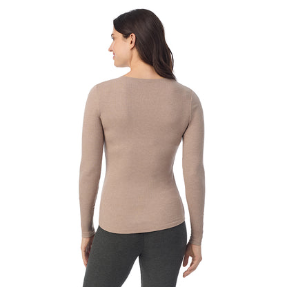 Pecan Heather; Model is wearing a size S. She is 5’9”, Bust 34”, Waist 25”, Hips 36”@ A Lady is wearing a Pecan Heather Stretch Rib Long Sleeve Crew