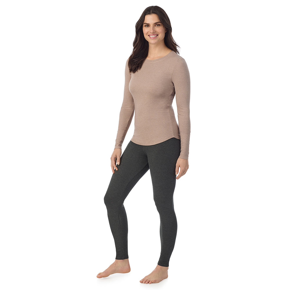 A Lady is wearing a Pecan Heather Stretch Rib Long Sleeve Crew