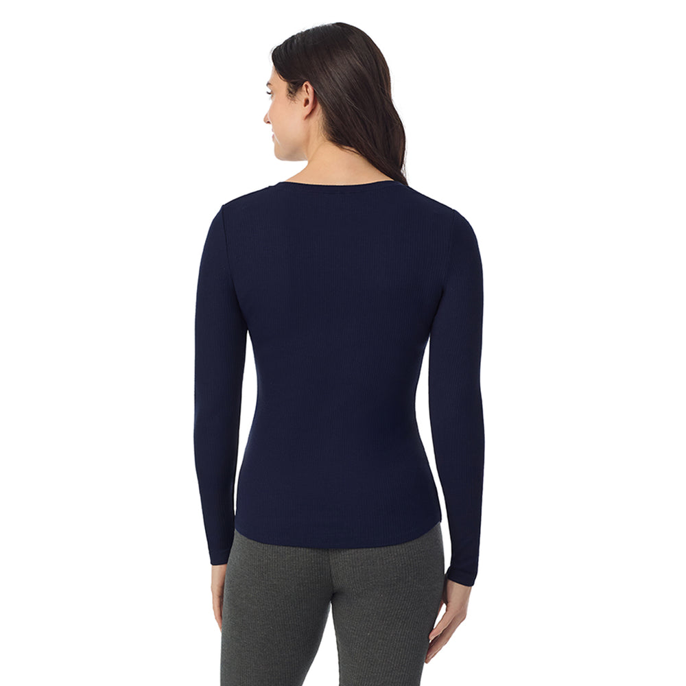 A Lady is wearing a Navy Blazer Stretch Rib Long Sleeve Crew