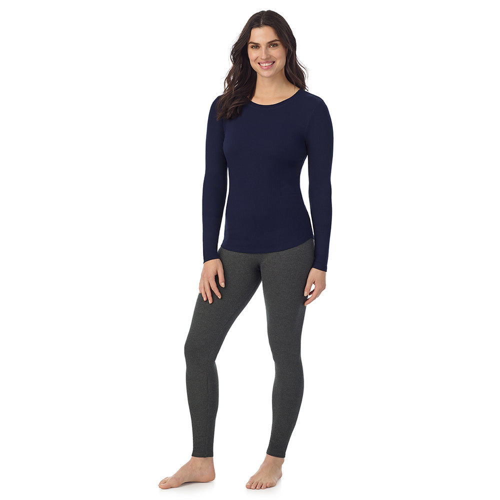 A Lady is wearing a Navy Blazer Stretch Rib Long Sleeve Crew